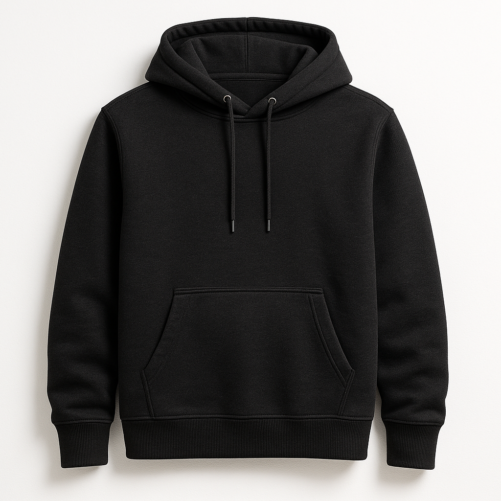 Black hoodie on a light gray background