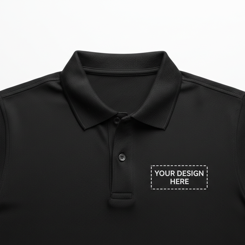 Black polo shirt with customizable design area on a white background