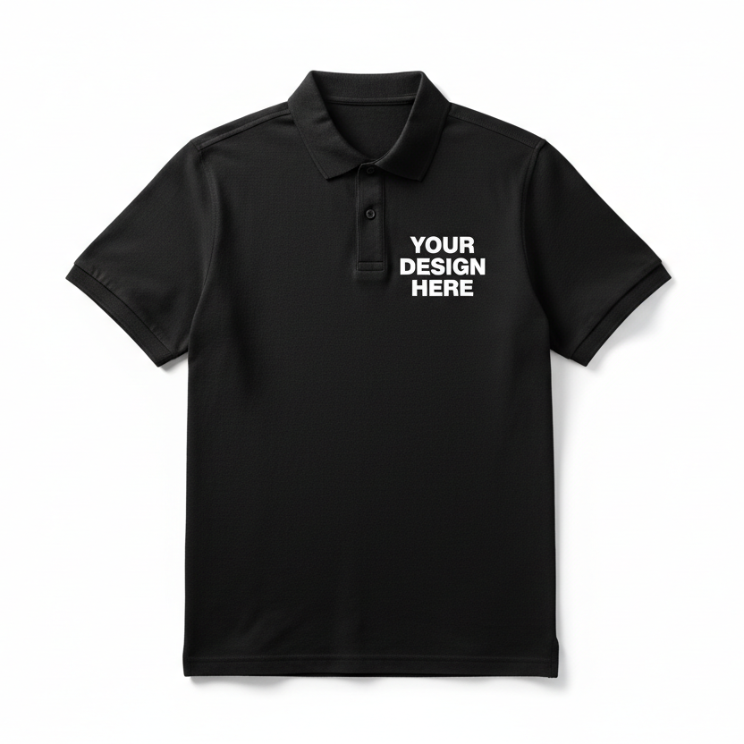 Black polo shirt with customizable text on a white background