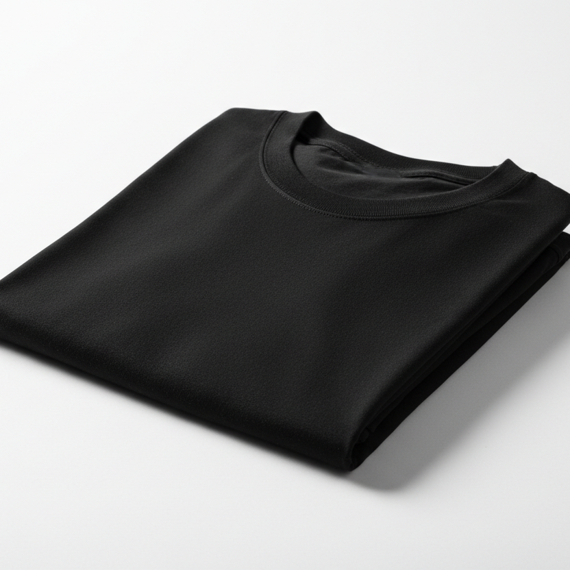 Folded black t-shirt on a white background
