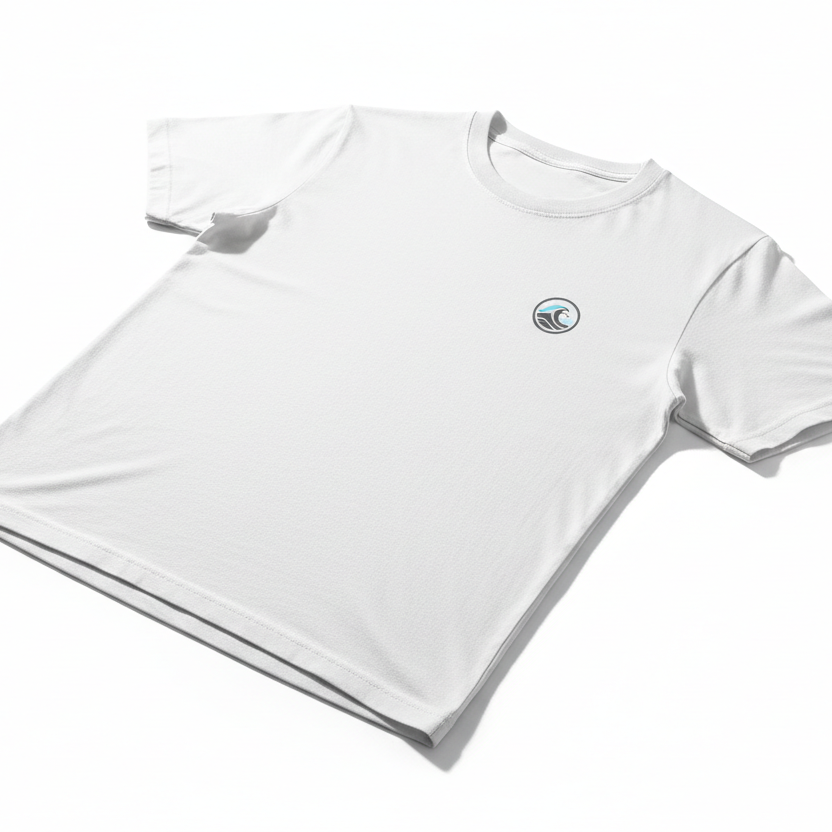 White t-shirt with a small logo on a white background
